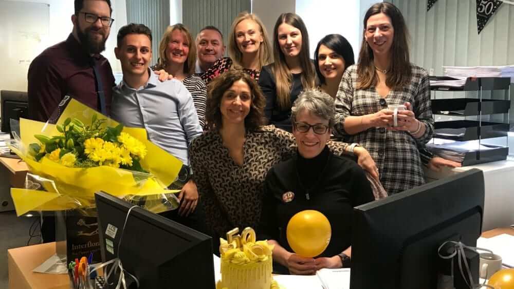 The Allied Protek team celebrate the 50th birthday of Jo in the office.