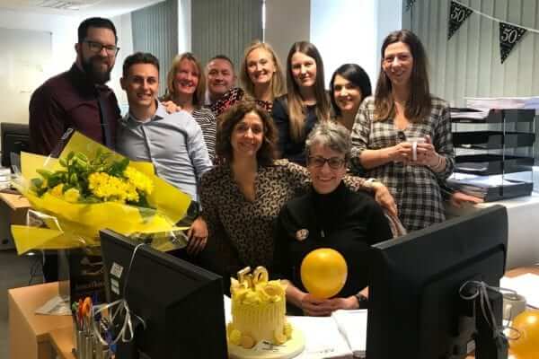 The Allied Protek team celebrate the 50th birthday of Jo in the office.