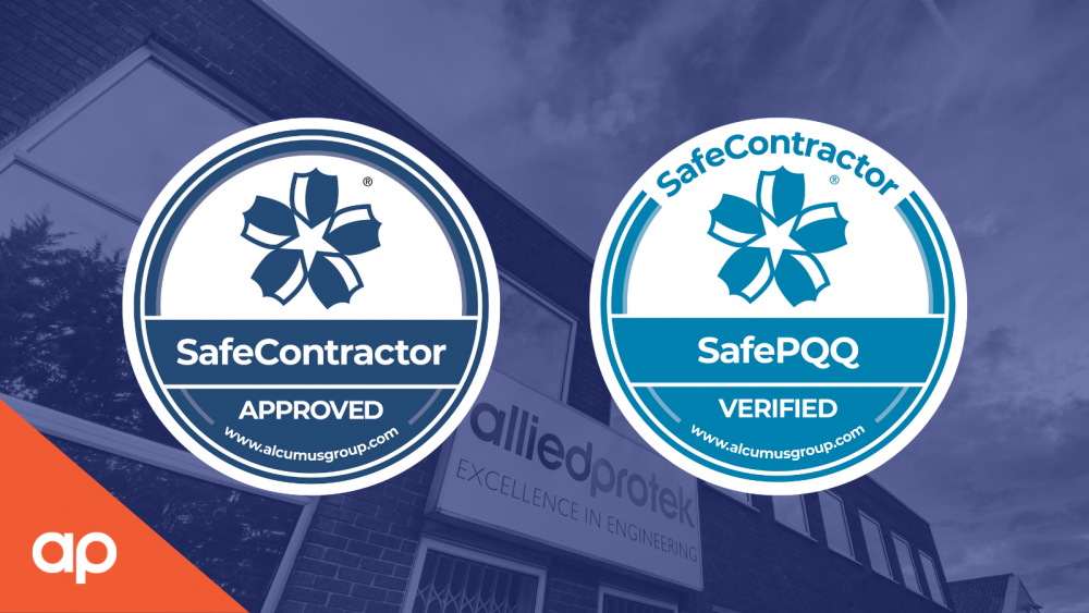 Gold SafePQQ and Safe Contractor logos with an Allied Protek background