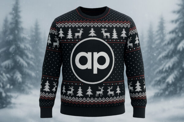 Allied Protek logo on a Christmas jumper with a snowy background.