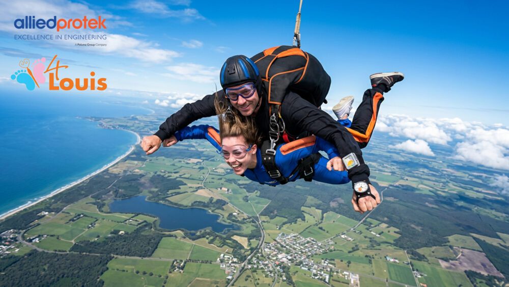 Skydive over scenic landscape, tandem jump.