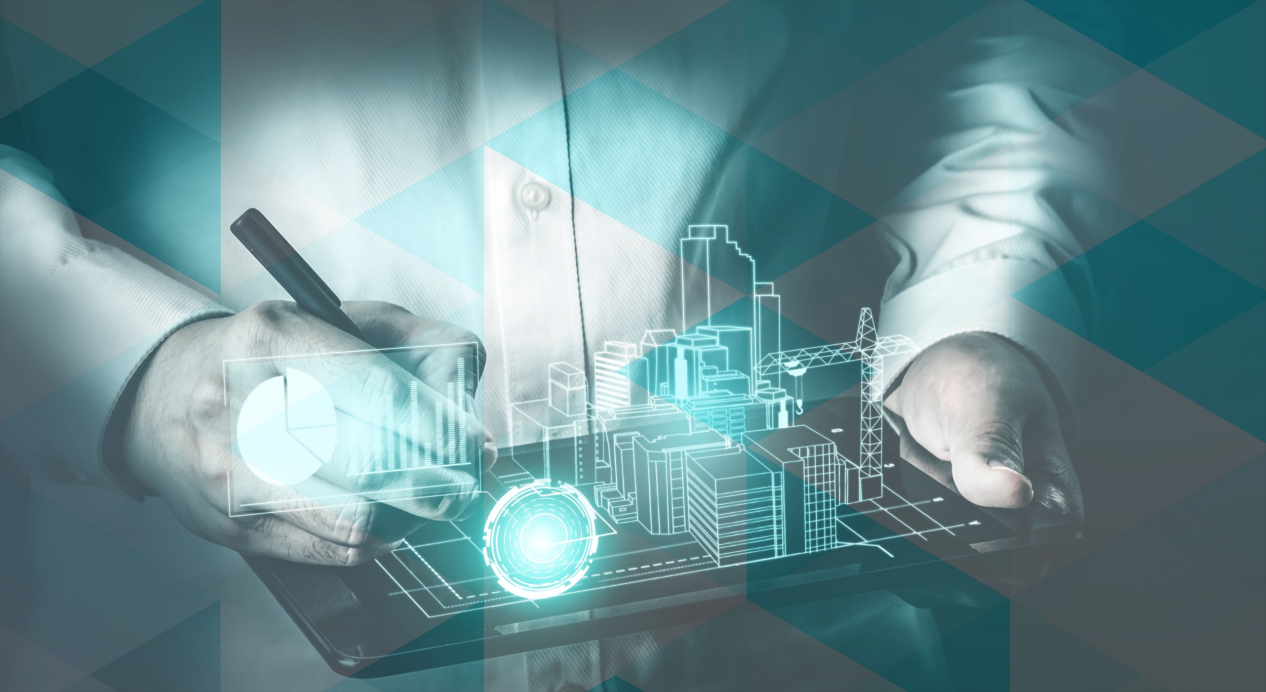 BIM symbolised by a man holding a pen and a tablet with a digital projection of a building.