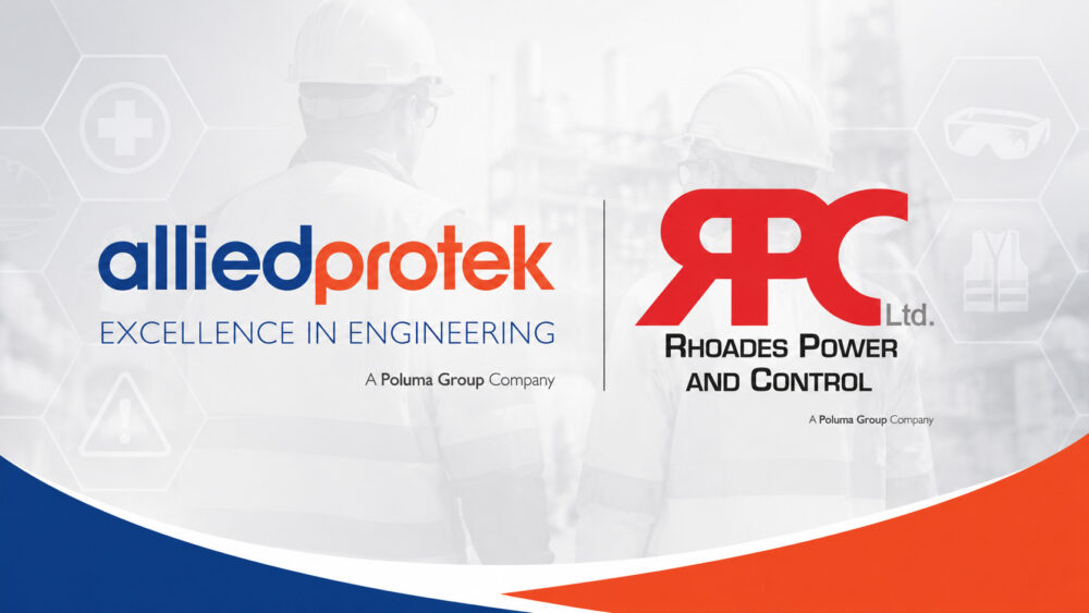 Allied Protek and Rhoades Power and Control logos on a health and safety themed background